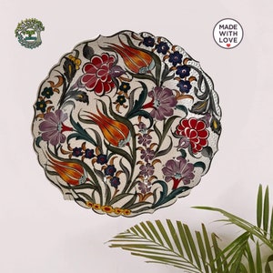 12 " Decorative Large Wall Plate 30 cm | Handmade Turkish Ceramic Pottery | Flower Wall Hanging Plate Kitchen Home Decor Gift