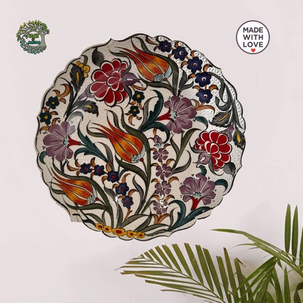 12 " Decorative Large Wall Plate 30 cm | Handmade Turkish Ceramic Pottery | Flower Wall Hanging Plate Kitchen Home Decor Gift