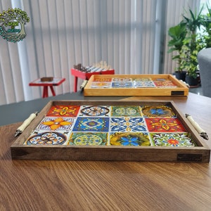 Wooden Ceramic Tray for Breakfast Salad Starter Cheese Tea and Coffee Serving Kitchen Tray with Handles | Handmade Decorative Unique Tray