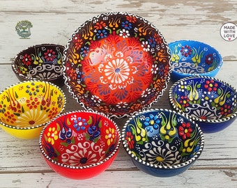 7x Ceramic Bowls Set | Handmade Turkish Pottery Dinnerware Breakfast Tapas Sauce Nuts Serving Large & Small Bowls | Decorative Ceramic Gift