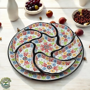 Handmade Ceramic Serving Set: Floral Pinwheel Platter, Turkish Pottery