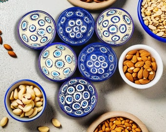 Evil Eye Ceramic Bowls Set of 6 Turkish Pottery - Spiritual Decor