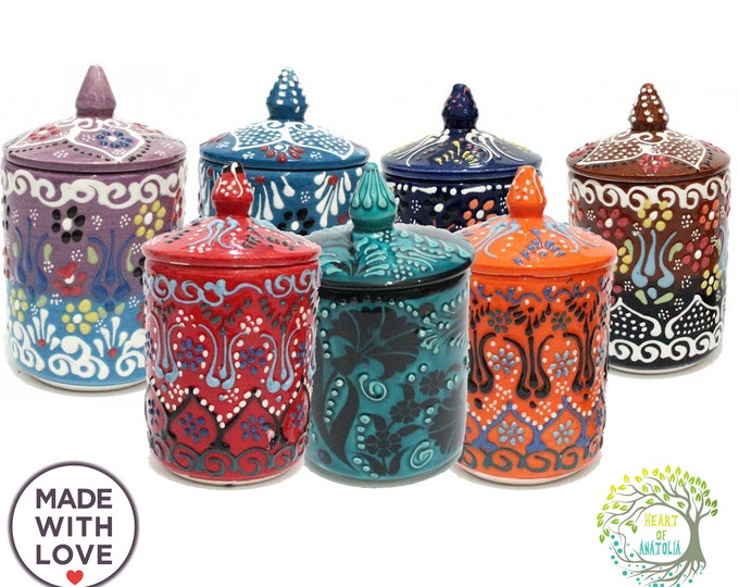 Handmade Ceramic Spice Jar Set with Lid | Turkish Kitchen Decor