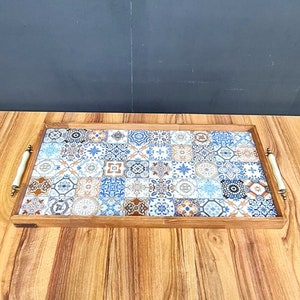 Decorative Ottoman Ceramic Serving Tray | Coffee Serving Kitchen Tray with Handles | Wood Wine Bar Tile Serving Board | Kitchen Decor Gift