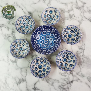 Evil Eye Ceramic Bowls Set Large & Small 7x Handmade Pottery Dinnerware Breakfast Pasta Fruit Tapas Sauce Serving Bowls | Decorative Gift