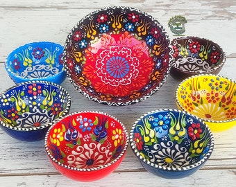 7x Ceramic Bowls Set Large & Small | Handmade Turkish Pottery Dinnerware Breakfast Fruit Tapas Sauce Serving Bowl | Decorative Ceramic Gift