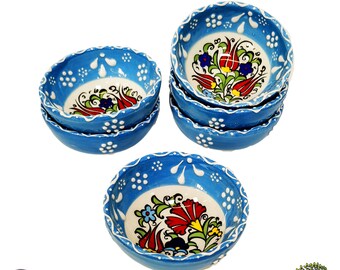 6x Handmade Blue Ceramic Small Bowls Pottery Set for Jewelry Key Ring & Tapas Snack Turkish Breakfast Serving Dish Kitchen Home Decor Gift