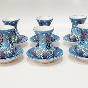 Turkish Ceramic Tea Cups Set of 6 Blue Handpainted Pottery, Lead Free Decorative Tile Tea Lovers, Thanksgiving Gift