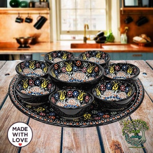 Handmade Dinnerware Set of 9 Pieces | Ceramic Tray Bowls Platter Set | Prep Soy Sauce Tapas Dinnerware Serving Bowls Decorative Floral Dish