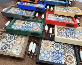 Handmade Ceramic Tile Tray | Wood Serving Board with Handles