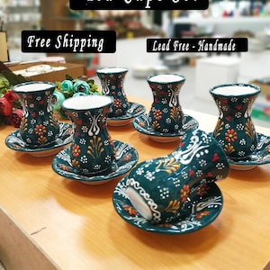 Ceramic Turkish Black Tea Cups Set of 6 with Plates Army Green Pottery Tile Mugs Gift for Tea Lover, Thanksgiving, Housewarming