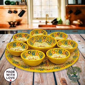 9x Ceramic Bowls & Tray Platter Set | Breakfast Dinnerware Nuts Snack Dipping Sauce Serving Pottery | Handmade Decorative Ceramic Gift