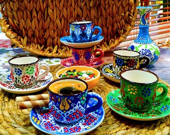 Handmade Turkish Coffee Cup Set | Decorative Ceramic Espresso Mugs