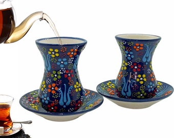 4 Pieces Turkish Tea Set Mugs and Saucers Handmade Ceramic Cup Herbal Black Tea Glasses Best Gift Tea Lovers for Her , Wife Mothers
