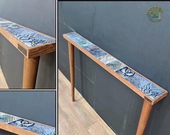 Mesa auxiliar Live Edge / Mesita de noche hecha a mano con azulejos de madera y piedra / Mesa auxiliar de sofá de entrada de consola única recuperada / Regalo de mesa de decoración del hogar