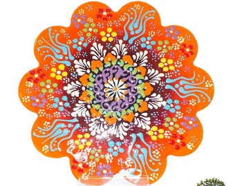 Orange Flowers Hand Painted Ceramic Trivet 7 " for Hot Pot Dishes Handmade Turkish Tile Pottery Kitchen Decor Wall Hanging Gift New Home