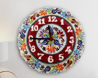 Grande orologio da parete in ceramica / Ceramica turca con motivi floreali, decorazione per la cucina realizzata a mano