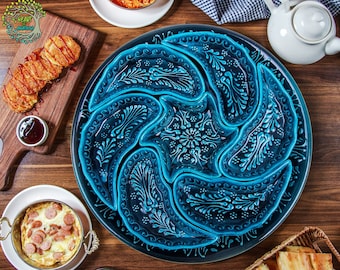 Handmade Ceramic Serving Platter Set | Navy Blue Floral Dinnerware