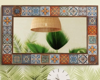 Espejo de cuerpo entero con mosaico bohemio y marco de madera - Decoración con azulejos