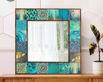 Espejo de mosaico bohemio con marco de madera grande - Decoración de pared hecha a mano