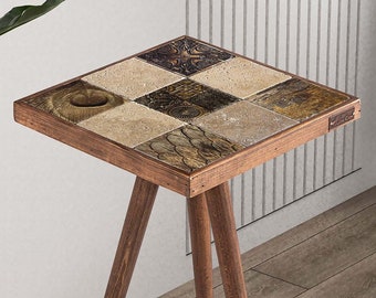 Coffe End Side Table | Handmade Tile Mosaic Stone & Wood Table | Rustic Vintage Entryway Sofa Bedside Table | Best Unique Home Decor Gift