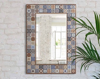 Espejo de cuerpo entero con mosaico bohemio y marco de madera para decoración de pared