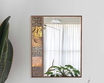 Espejo de mosaico bohemio con marco de madera grande - Arte de azulejos hecho a mano