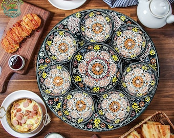 Juego de cerámica para servir hecho a mano / Cuencos y bandejas de desayuno coloridos con decoración turca