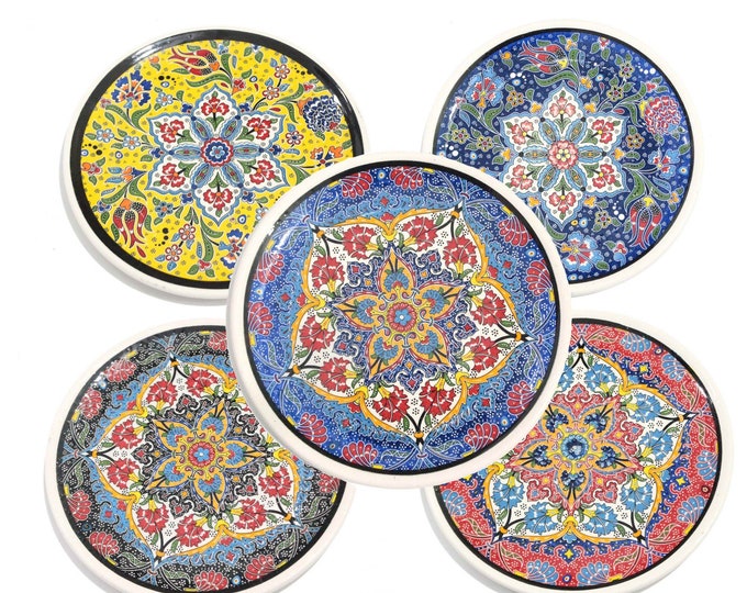 6 Pcs Decorative Serving Cake Dessert Plates Set of 6 Handpainted Ceramic Hanging Dish Pottery Gift for Grandma, Mom, New Home Buyer