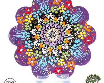 Salvamanteles de cerámica turca hecho a mano / Cerámica floral morada - Decoración de cocina (7 pulgadas)