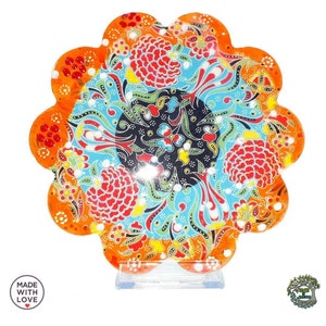 Orange & Blue Ceramic Tile Trivet 7 &quot; for Hot Dishes Pot , Hand Painted Unique Turkish Decorative Wall Ktichen Tile Gift For Her New Home