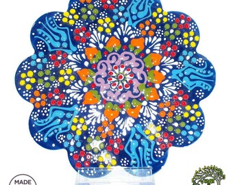 Handmade Turkish Ceramic Trivet | Navy Blue Floral Pottery Kitchen Decor for Hot Pot