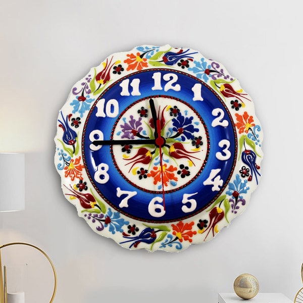 12" Ceramic Wall Clock | Modern Unique Large Clock | Decorative Handmade Turkish Pottery Clock | Unique Ceramic Gift for Kitchen