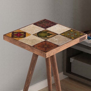Stone & Wood Coffee Table Decor | Handmade Tiles Bedside Table | Reclaimed Vintage Rustic Side Table | Best Home Decor Gift