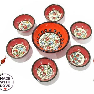 7x Turkish Ceramics Bowls Set Handmade Dishes Hand Painted Pottery Cute Breakfeast Meze Salad Bowls Gift For Home Buyers, Housewarming