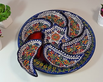 Handmade Ceramic Serving Set | Navy Blue Floral Platter Bowls