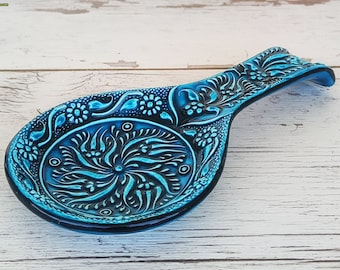 Handmade Turkish Ceramic Spoon Rest | Embossed Kitchen Decor