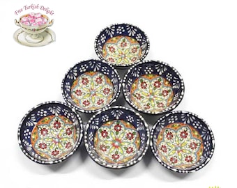 Juego de 6 cuencos de cerámica turca / Cuencos para meze con motivos florales pintados a mano (8,1 cm)