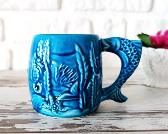 Unique Turkish Ceramic Oriental Large Coffee Mug, Handmade Painted Blue, Dolphin, Sea, Ocean Decorative Pottery Cup Gift for Dolphin Lovers