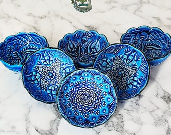 Set of 6 Handmade Small Ceramic Bowls Prep Tapas Nuts Snack Breakfast Serving Pottery Turkish Tile Dishes Decorative Christmas Gift 3.2"