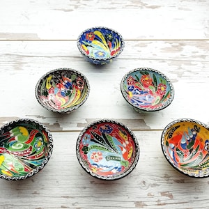 Handmade Ceramic Bowls Set of 6 | Turkish Appetizer Bowls , Colorful Pottery Decor
