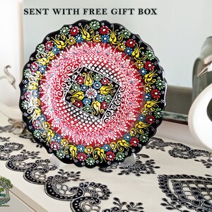 Black Flowers Ceramic Wall Hanging Decor Plate Unique Turkish Handmade Colorful Tile Pottery Porcelain Kitchen Living Room Office Best Gift