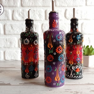 Olive Oil Dispenser | Ceramic Bottle | Vinegar & Oil Cruet | Handmade Pottery | Hand Painted Kitchen Decorative Ceramic Gift