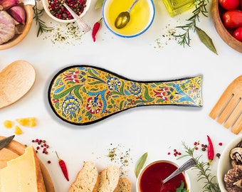 Handmade Turkish Ceramic Spoon Rest for Kitchen Utensil Holder , Croatian Pottery Tile Unique Handpainted Tile Gift for New Home Kitchen