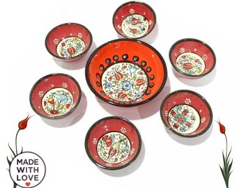 7x Turkish Ceramics Bowls Set Handmade Dishes Hand Painted Pottery Cute Breakfeast Meze Salad Bowls Gift For Home Buyers, Housewarming