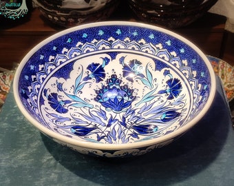 Handmade Ceramic Serving Bowl | 12" Turkish Pottery , Embossed Floral Design