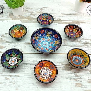 7x Kreative Minimal Traditionelle Türkische Keramik Blau Schüsseln Set, Appetizer Everyday Boho Handmade Thrown Home Decor Keramik Geschenk für sie, Mama Bild 1