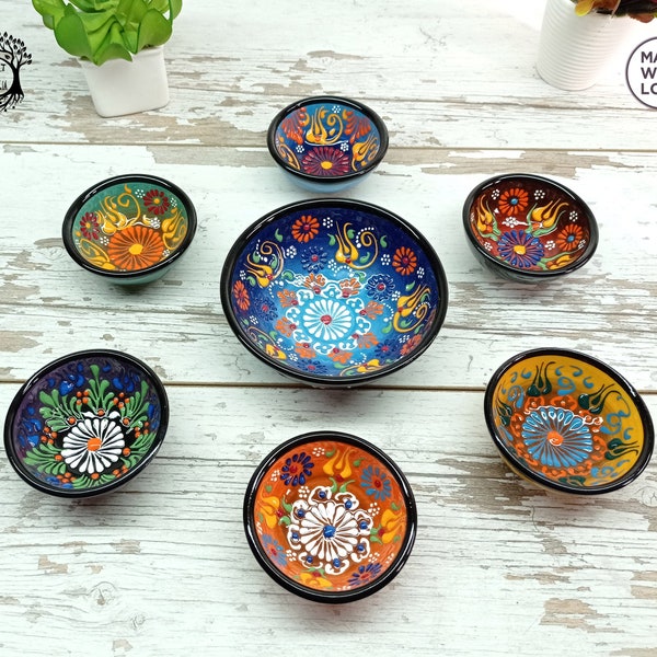 7x Creative Minimal Traditional Turkish Ceramic Blue Bowls Set, Appetizer Everyday Boho Handmade Thrown Home Decor Pottery Gift For Her, Mom