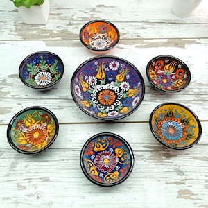 Set of 7 Handmade Ceramic Bowls , Appetizer Sauce Snack Tapas Mezze Dinnerware Serving Bowls | Unique  Turkish Moroccan Pottery Dish Gift