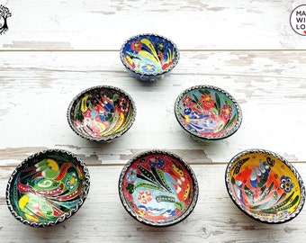 6 pcs Small Ceramic Handmade Painted Bowls Breakfast Set Sauce Appetizer Tapas Snack Turkish  Moroccan Colorful Serving Pottery Decor Gift